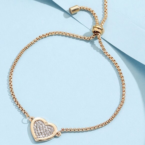 3/$35 Heart Gold Chain Bracelet Adjustable Diamond Crystal Rhinestone Jewelry - Picture 6 of 6